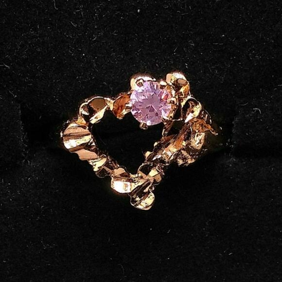 Vintage Jewelry - Vintage Open Heart Ring Pink Faceted CZ Stone Gold Nugget Ring Rare Art Nouveau